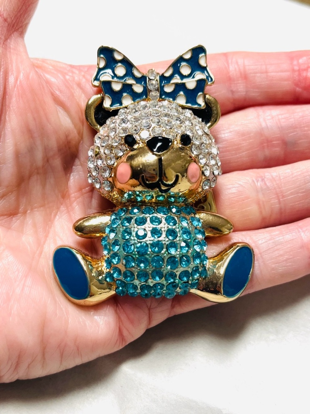Brooch Teddy Bear NIP gold tone base w/ blue & clear rhinestones, A cutie